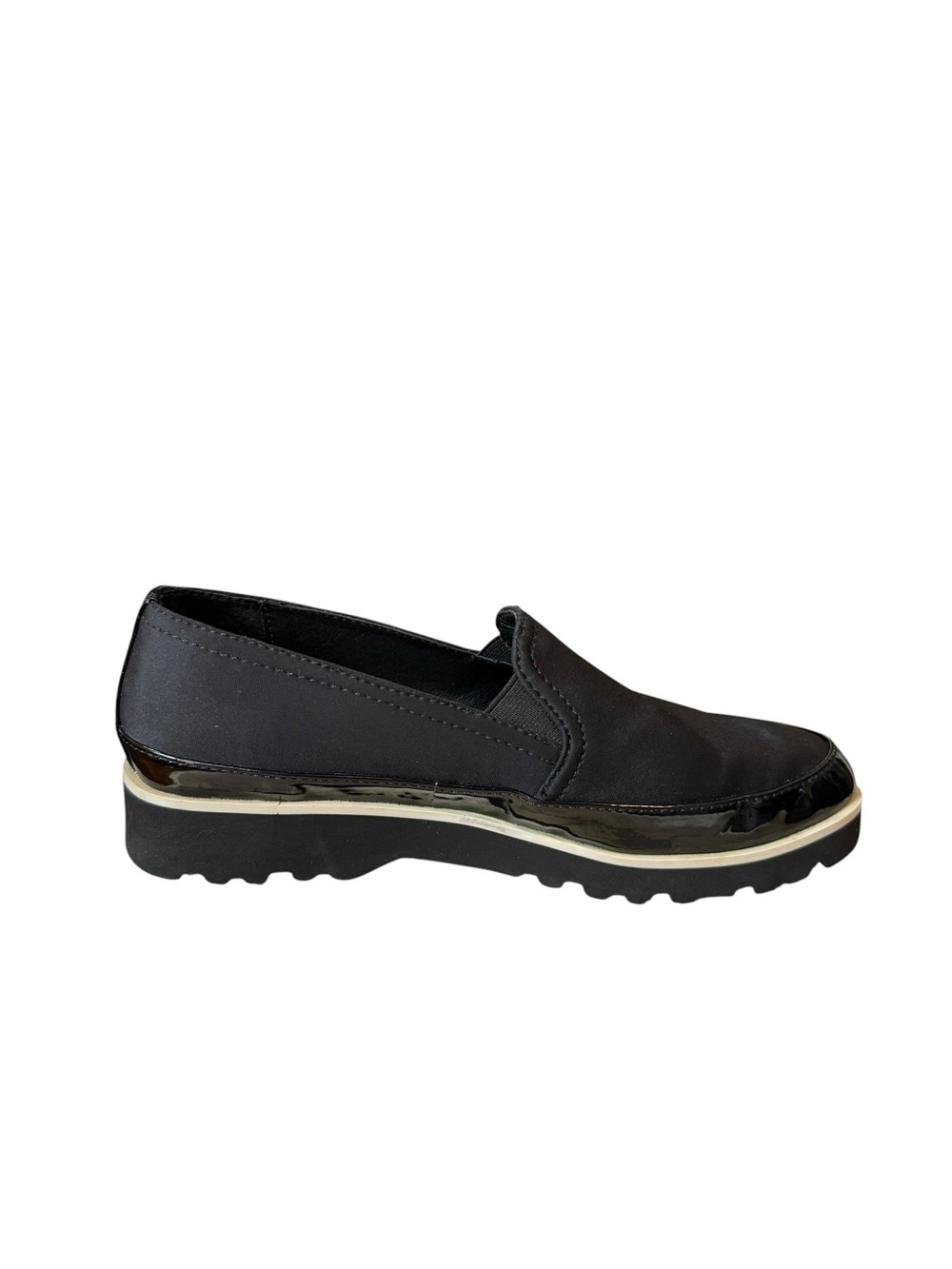 Donald Pliner Conner Black Stretch Fabric Patent Platform Loafers 6.5M - Picture 3 of 9